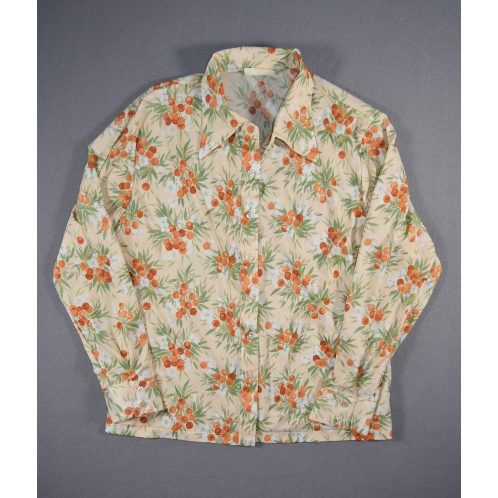 Vintage 70s KMart Blouse Womens Large Floral Berry Print Long Sleeve Shirt Beige